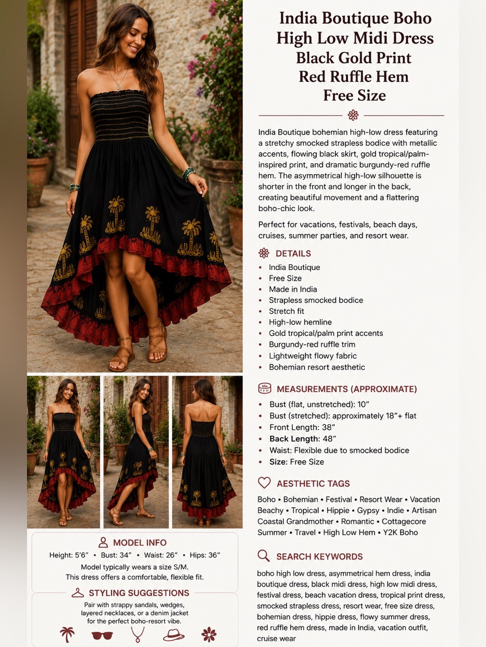 India Boutique Black Halter High-Low Dress with Gold Floral and Red Hem